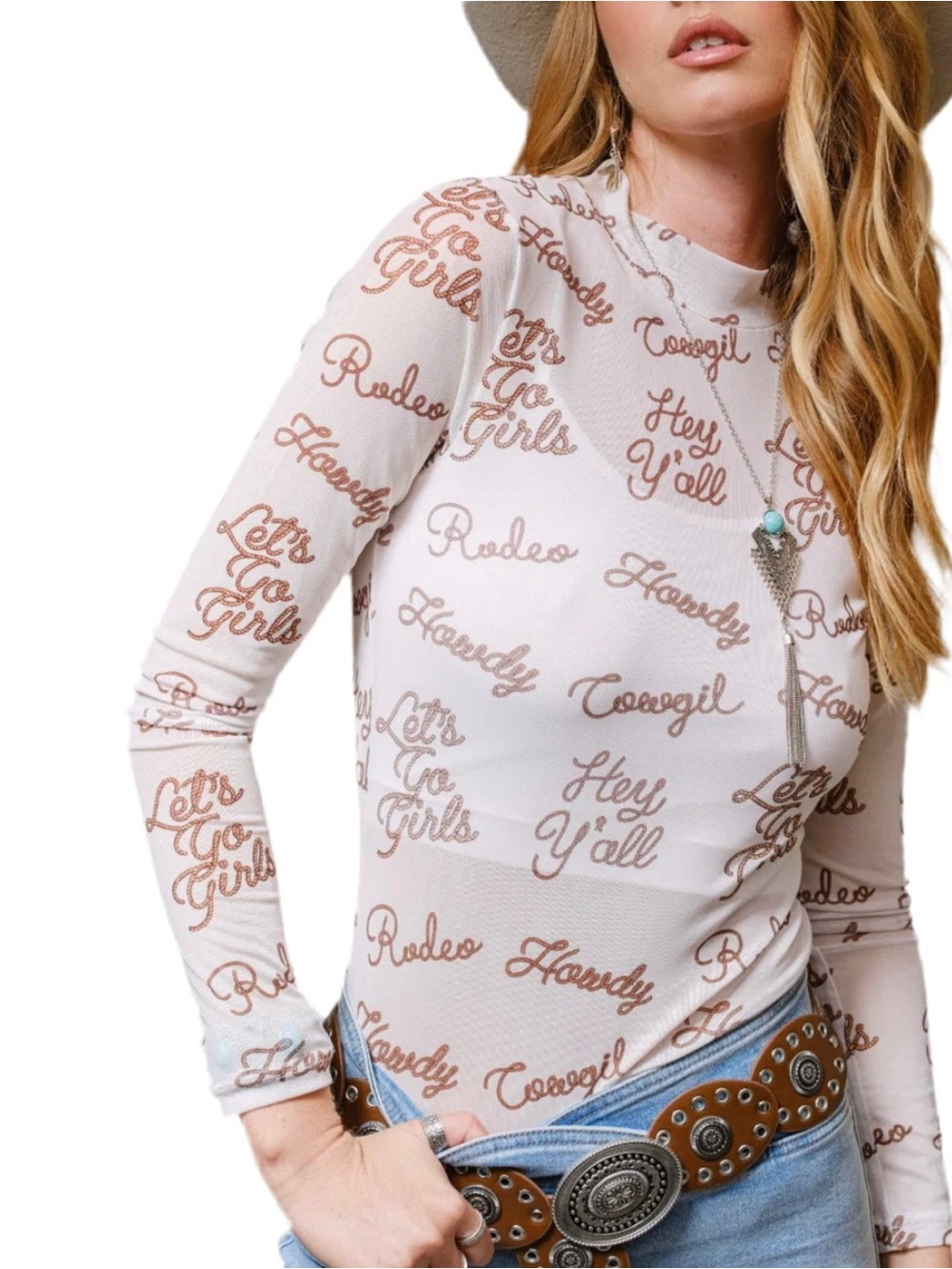 White Long-Sleeve Graphic Western Tee with Brown Script